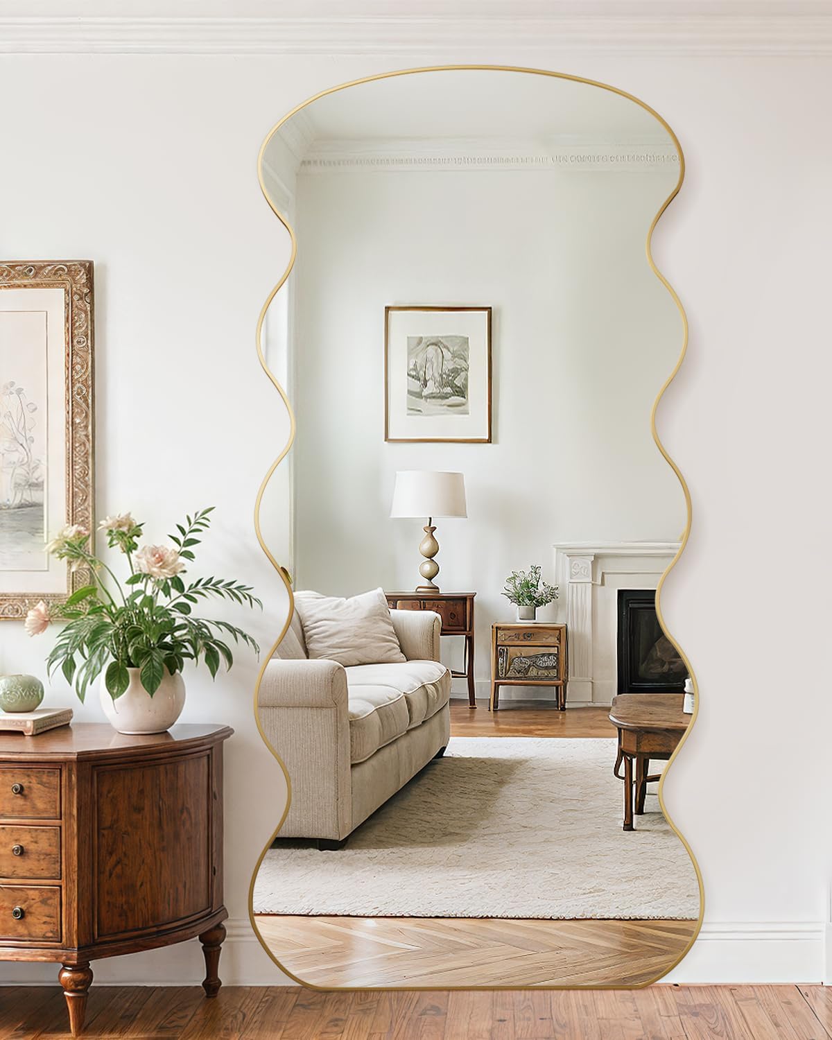 Antok Full Length Mirror, 71"x32" Floor Mirror, Wave Full Length Mirror with Stand, Full Body Floor Mirror, Gold