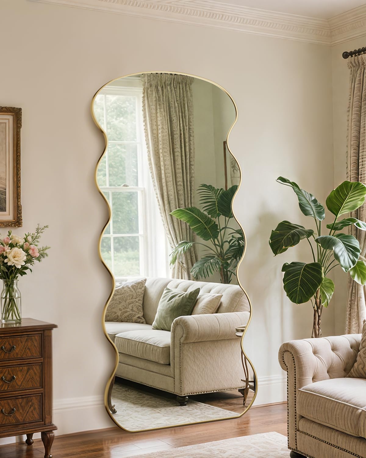 Antok Full Length Mirror, 71"x32" Floor Mirror, Wave Full Length Mirror with Stand, Full Body Floor Mirror, Gold - Image 2
