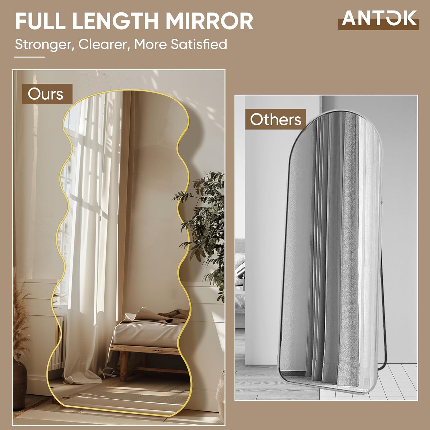 Antok Full Length Mirror, 71"x32" Floor Mirror, Wave Full Length Mirror with Stand, Full Body Floor Mirror, Gold - Image 4
