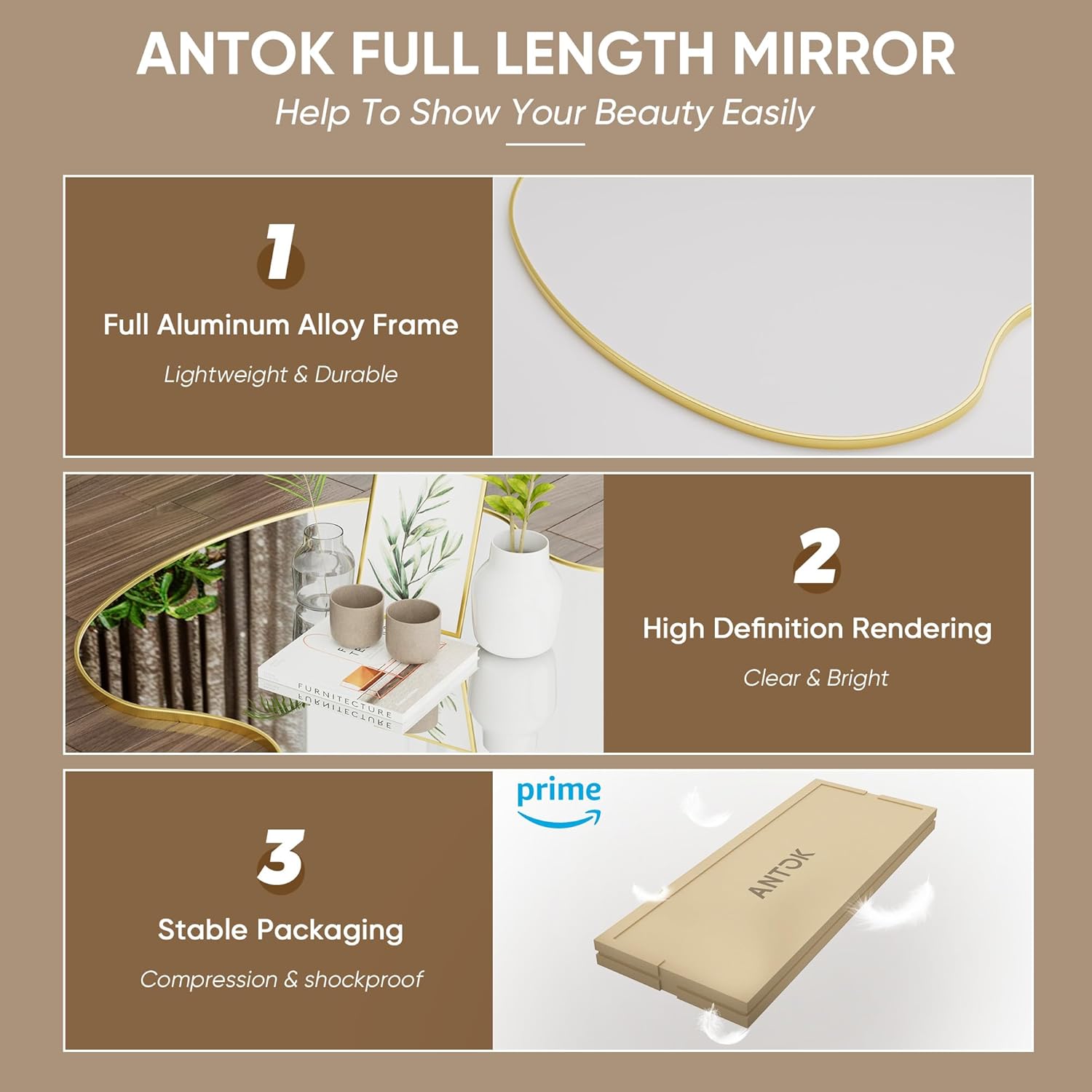Antok Full Length Mirror, 71"x32" Floor Mirror, Wave Full Length Mirror with Stand, Full Body Floor Mirror, Gold - Image 5