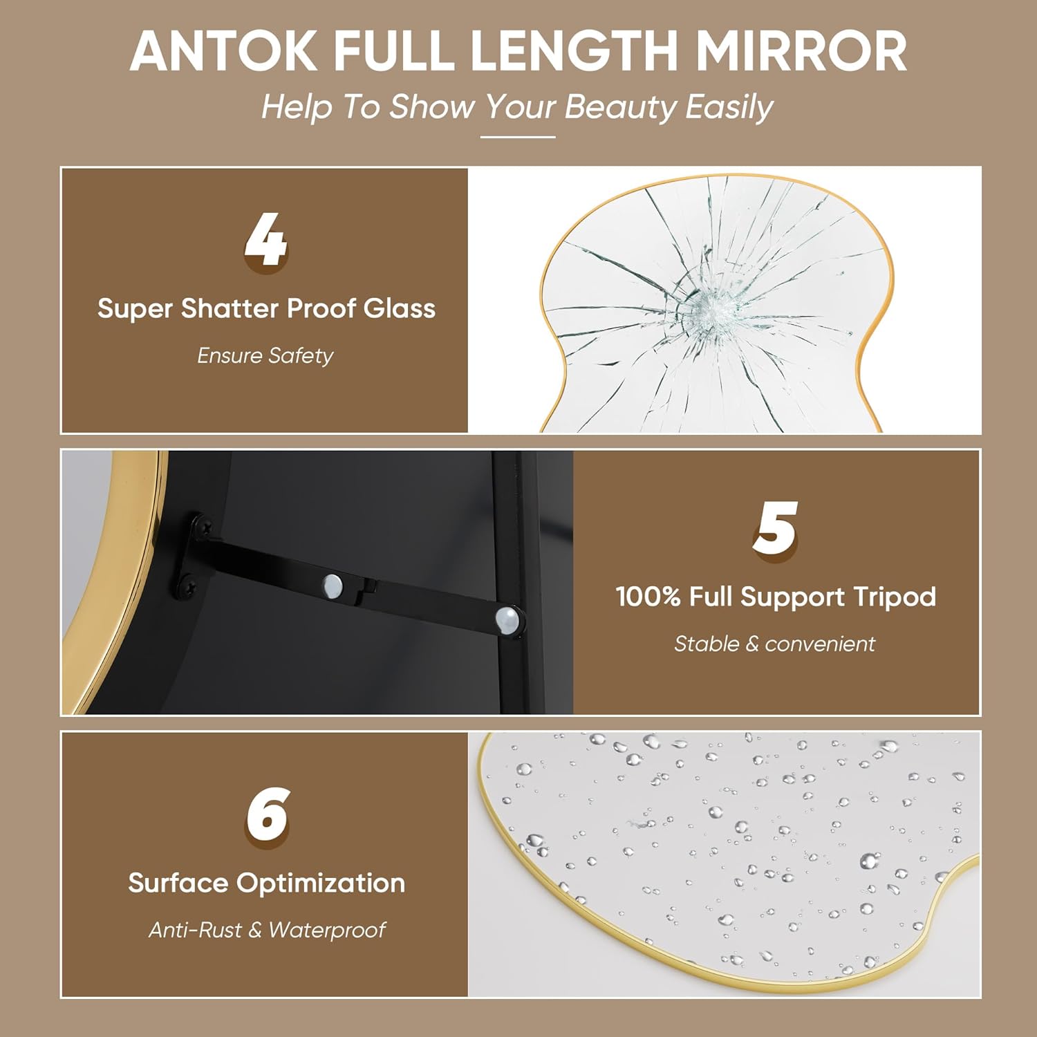 Antok Full Length Mirror, 71"x32" Floor Mirror, Wave Full Length Mirror with Stand, Full Body Floor Mirror, Gold - Image 6
