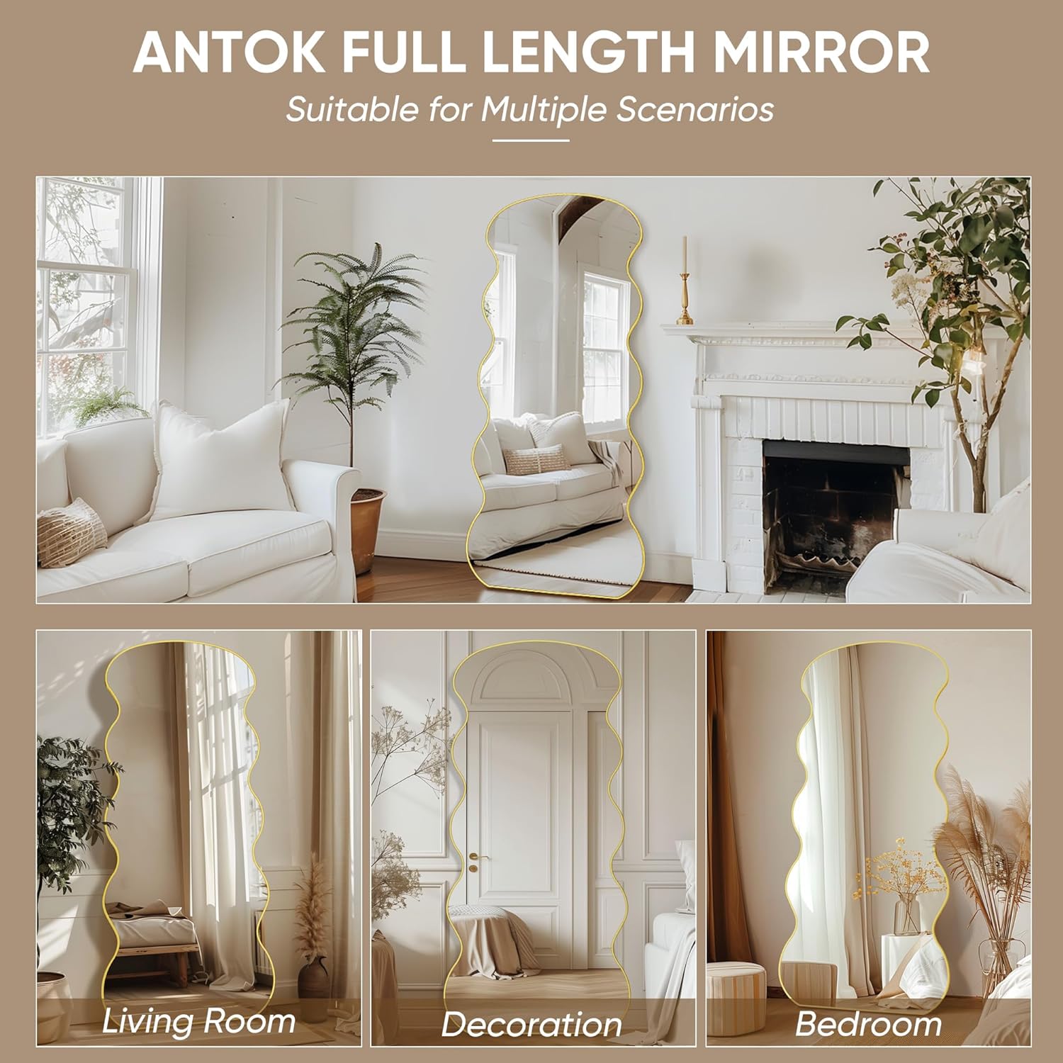 Antok Full Length Mirror, 71"x32" Floor Mirror, Wave Full Length Mirror with Stand, Full Body Floor Mirror, Gold - Image 7